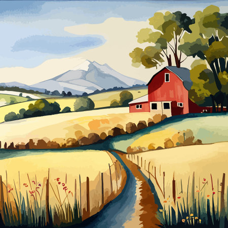 Farm on a hill with yellow or golden wheat field in a watercolor style, agriculture, cultivation, countryside, fieldのイラスト素材