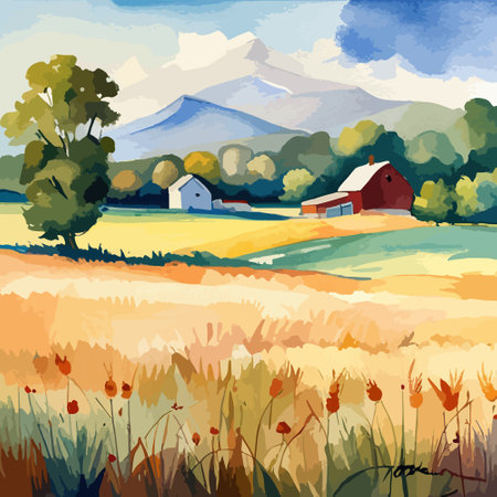 Farm on a hill with yellow or golden wheat field in a watercolor style, agriculture, cultivation, countryside, fieldのイラスト素材