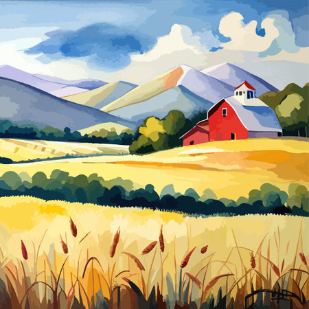 Farm on a hill with yellow or golden wheat field in a watercolor style, agriculture, cultivation, countryside, fieldのイラスト素材