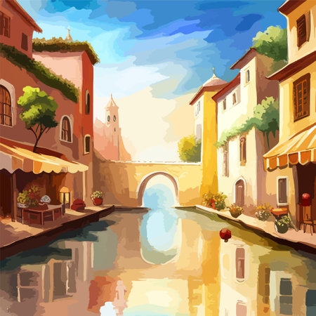 Old town street with water channel Stray vinice background, city landscape view, watercolor drawing, Vector illustration.のイラスト素材