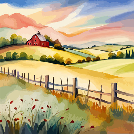 Farm on a hill with yellow or golden wheat field in a watercolor style, agriculture, cultivation, countryside, fieldのイラスト素材