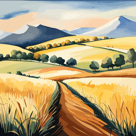 Farm on a hill with yellow or golden wheat field in a watercolor style, agriculture, cultivation, countryside, fieldのイラスト素材
