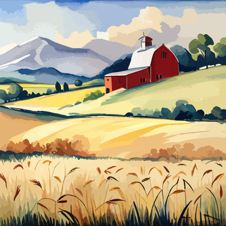 Farm on a hill with yellow or golden wheat field in a watercolor style, agriculture, cultivation, countryside, fieldのイラスト素材