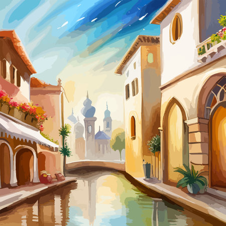 Old town street with water channel Stray vinice background, city landscape view, watercolor drawing, Vector illustration.のイラスト素材