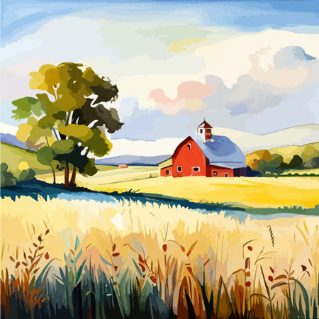 Farm on a hill with yellow or golden wheat field in a watercolor style, agriculture, cultivation, countryside, fieldのイラスト素材