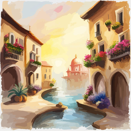 Old town street with water channel Stray vinice background, city landscape view, watercolor drawing, Vector illustration.のイラスト素材