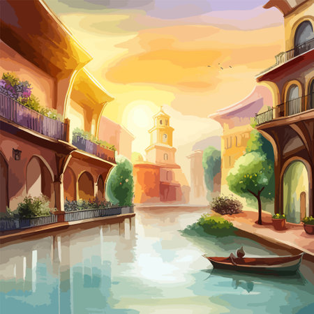 Old town street with water channel Stray vinice background, city landscape view, watercolor drawing, Vector illustration.のイラスト素材