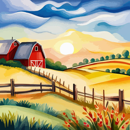 Farm on a hill with yellow or golden wheat field in a watercolor style, agriculture, cultivation, countryside, fieldのイラスト素材