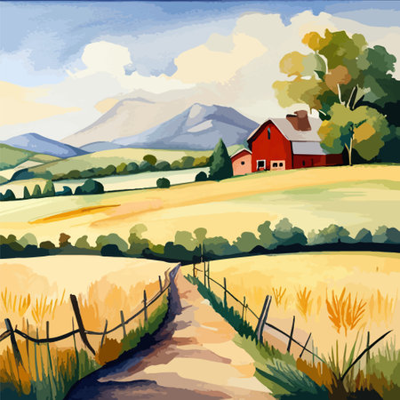 Farm on a hill with yellow or golden wheat field in a watercolor style, agriculture, cultivation, countryside, fieldのイラスト素材