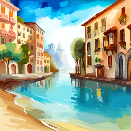 Old town street with water channel Stray vinice background, city landscape view, watercolor drawing, Vector illustration.のイラスト素材