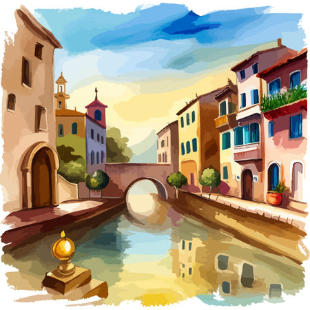 Old town street with water channel Stray vinice background, city landscape view, watercolor drawing, Vector illustration.のイラスト素材