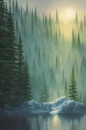 Landscape in scandinavian arctic forest, pine trees and snowy sunset, matte painting vector illustrationのイラスト素材
