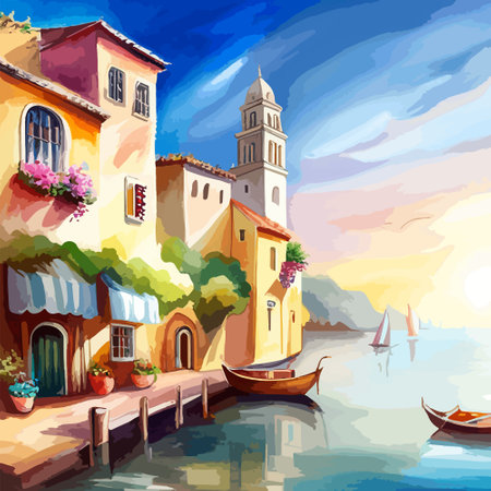 Old town street with water channel Stray vinice background, city landscape view, watercolor drawing, Vector illustration.のイラスト素材