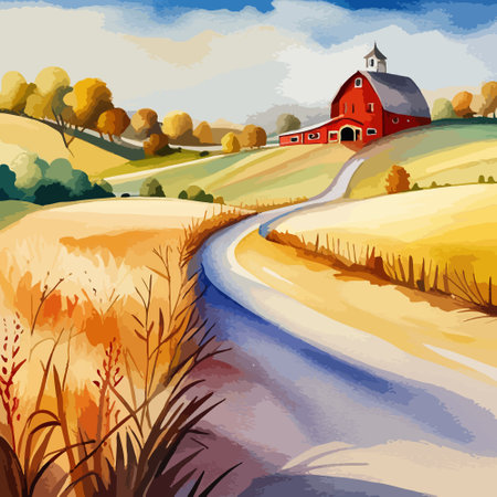 Farm on a hill with yellow or golden wheat field in a watercolor style, agriculture, cultivation, countryside, fieldのイラスト素材