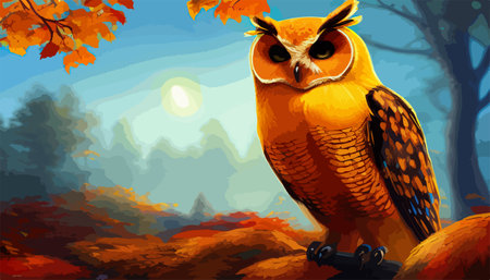 Owl. Realistic bird on dark moon forest background. Dark night background. autumn fairy tale art. Fashion templateのイラスト素材