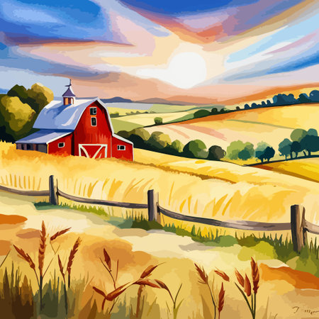 Farm on a hill with yellow or golden wheat field in a watercolor style, agriculture, cultivation, countryside, fieldのイラスト素材