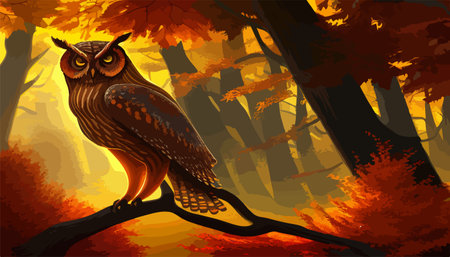 Owl. Realistic bird on dark moon forest background. Dark night background. autumn fairy tale art. Fashion templateのイラスト素材