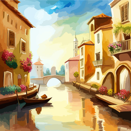 Old town street with water channel Stray vinice background, city landscape view, watercolor drawing, Vector illustration.のイラスト素材