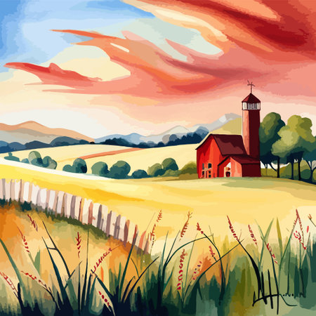 Farm on a hill with yellow or golden wheat field in a watercolor style, agriculture, cultivation, countryside, fieldのイラスト素材