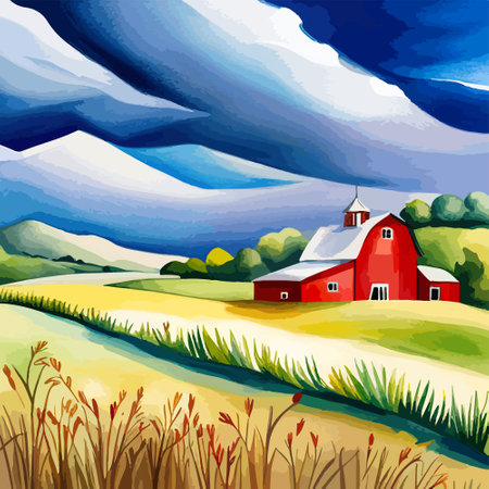 Farm on a hill with yellow or golden wheat field in a watercolor style, agriculture, cultivation, countryside, fieldのイラスト素材