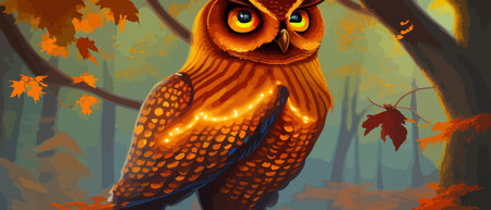 Owl. Realistic bird on dark moon forest background. Dark night background. autumn fairy tale art. Fashion templateのイラスト素材