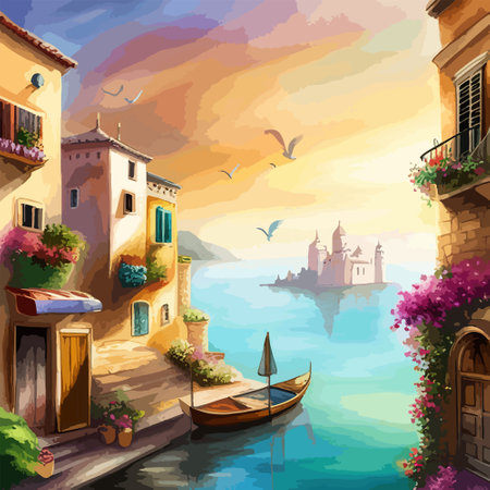 Old town street with water channel Stray vinice background, city landscape view, watercolor drawing, Vector illustration.のイラスト素材
