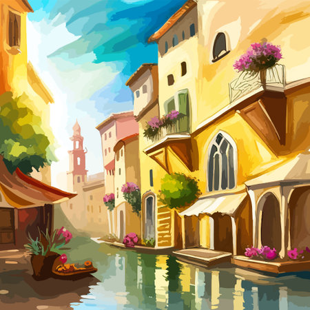 Old town street with water channel Stray vinice background, city landscape view, watercolor drawing, Vector illustration.のイラスト素材