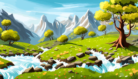 Beautiful fantasy landscape field full of spring, with color, background vector illustration. flowers against backdropのイラスト素材