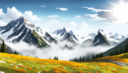Beautiful fantasy landscape field full of spring, with color, background vector illustration. flowers against backdropのイラスト素材