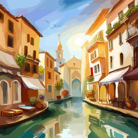 Old town street with water channel Stray vinice background, city landscape view, watercolor drawing, Vector illustration.のイラスト素材