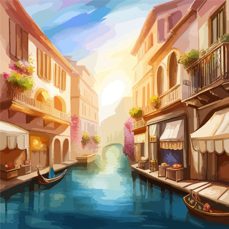 Old town street with water channel Stray vinice background, city landscape view, watercolor drawing, Vector illustration.のイラスト素材