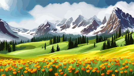 Beautiful fantasy landscape field full of spring, with color, background vector illustration. flowers against backdropのイラスト素材