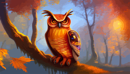 Owl. Realistic bird on dark moon forest background. Dark night background. autumn fairy tale art. Fashion templateのイラスト素材