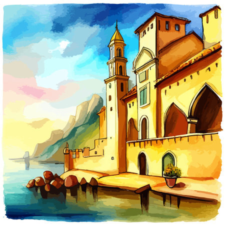 Old town street with water channel Stray vinice background, city landscape view, watercolor drawing, Vector illustration.のイラスト素材