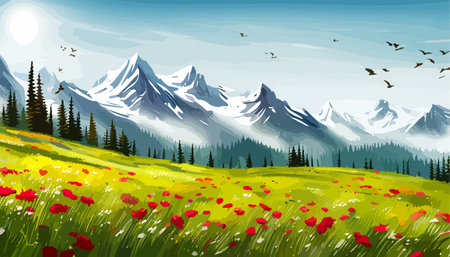 Beautiful fantasy landscape field full of spring, with color, background vector illustration. flowers against backdropのイラスト素材