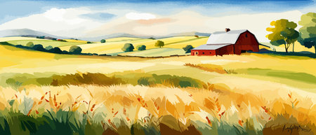 Farm on a hill with yellow or golden wheat field in a watercolor style, agriculture, cultivation, countryside, fieldのイラスト素材