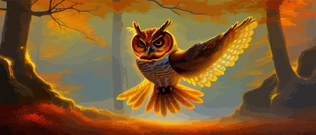 Owl. Realistic bird on dark moon forest background. Dark night background. autumn fairy tale art. Fashion templateのイラスト素材