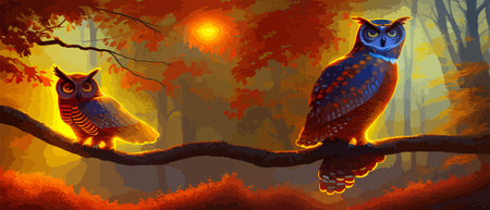Owl. Realistic bird on dark moon forest background. Dark night background. autumn fairy tale art. Fashion templateのイラスト素材