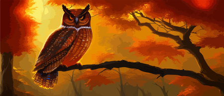 Owl. Realistic bird on dark moon forest background. Dark night background. autumn fairy tale art. Fashion templateのイラスト素材