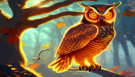 Owl. Realistic bird on dark moon forest background. Dark night background. autumn fairy tale art. Fashion templateのイラスト素材