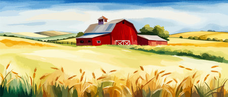 Farm on a hill with yellow or golden wheat field in a watercolor style, agriculture, cultivation, countryside, fieldのイラスト素材