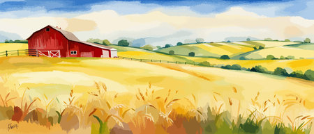 Farm on a hill with yellow or golden wheat field in a watercolor style, agriculture, cultivation, countryside, fieldのイラスト素材