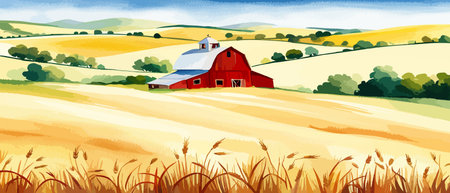 Farm on a hill with yellow or golden wheat field in a watercolor style, agriculture, cultivation, countryside, fieldのイラスト素材