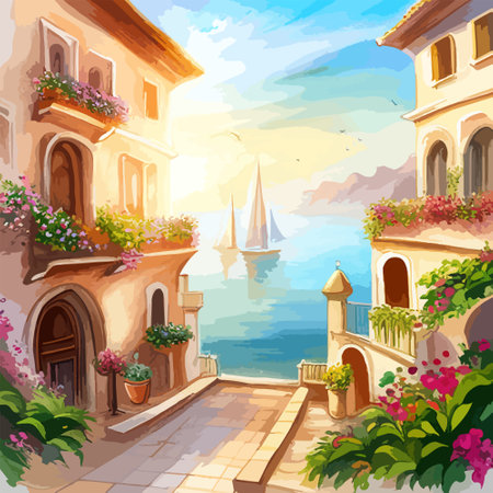 Old town street with water channel Stray vinice background, city landscape view, watercolor drawing, Vector illustration.のイラスト素材