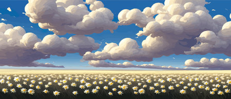 Summer landscape field daisies against backdrop mountains. Wild nature with sky with clouds sunset sun. Wild grassのイラスト素材