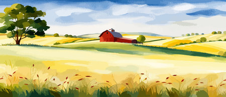 Farm on a hill with yellow or golden wheat field in a watercolor style, agriculture, cultivation, countryside, fieldのイラスト素材