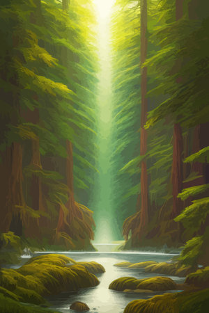 Landscape in scandinavian arctic forest, pine trees and snowy sunset, matte painting vector illustrationのイラスト素材