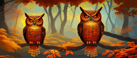 Owl. Realistic bird on dark moon forest background. Dark night background. autumn fairy tale art. Fashion templateのイラスト素材