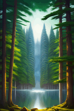 Landscape in scandinavian arctic forest, pine trees and snowy sunset, matte painting vector illustrationのイラスト素材
