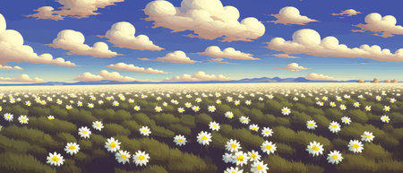 Summer landscape field daisies against backdrop mountains. Wild nature with sky with clouds sunset sun. Wild grassのイラスト素材